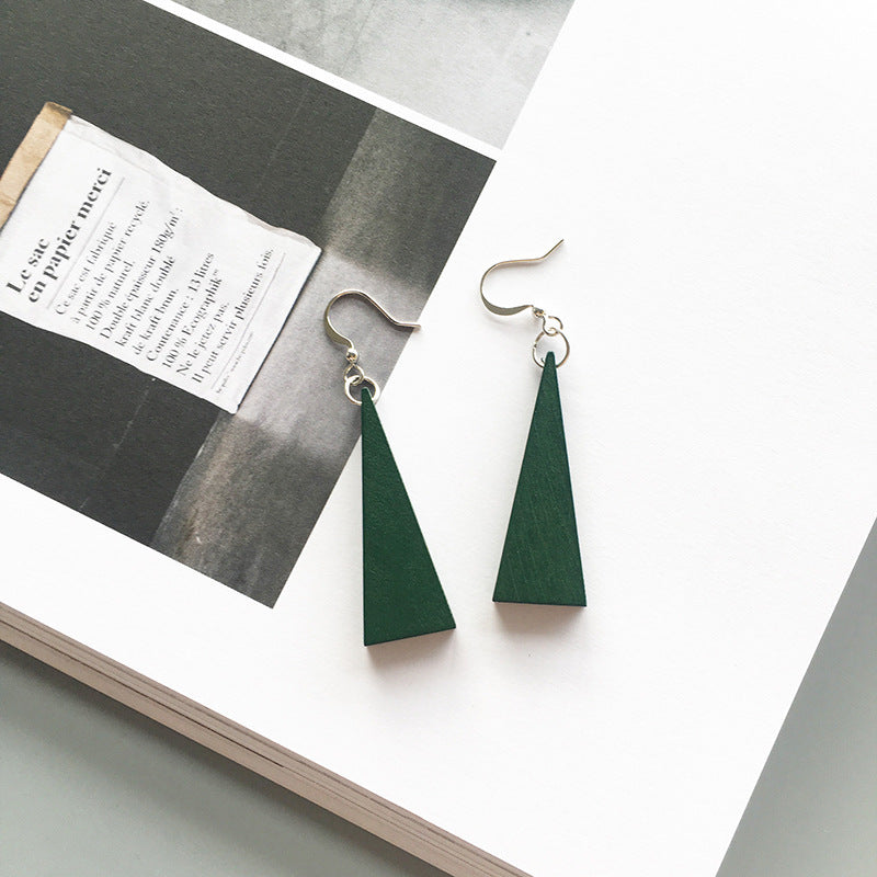 Earrings Wooden Hanging Triangle Green