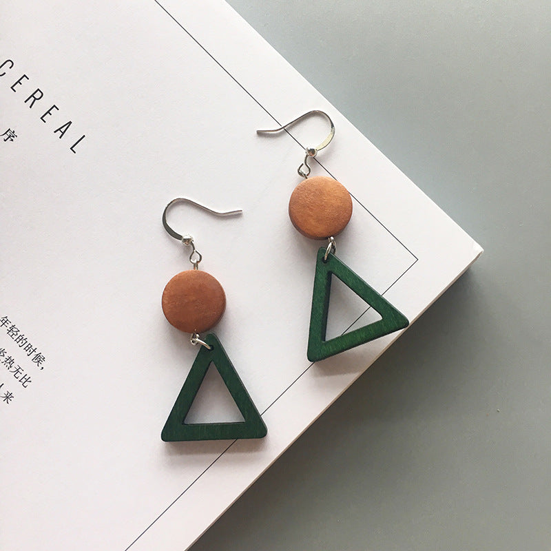 Earrings Wooden Hanging Circle Triangle Green