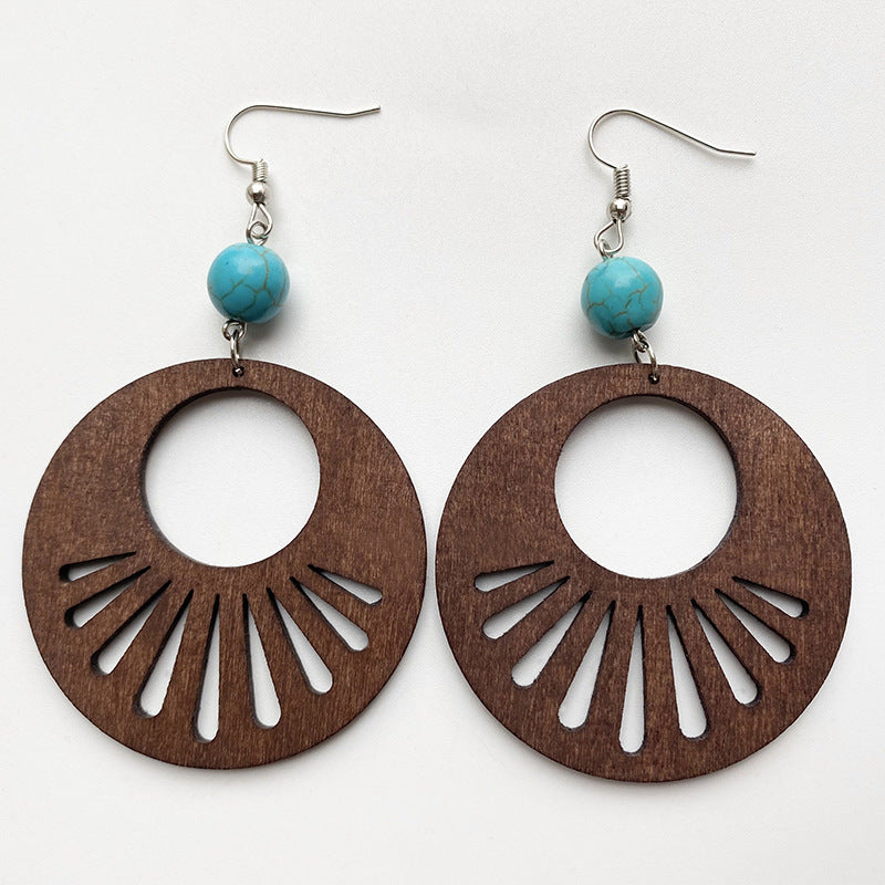 Turquoise Disc Wooden Hanging Earrings