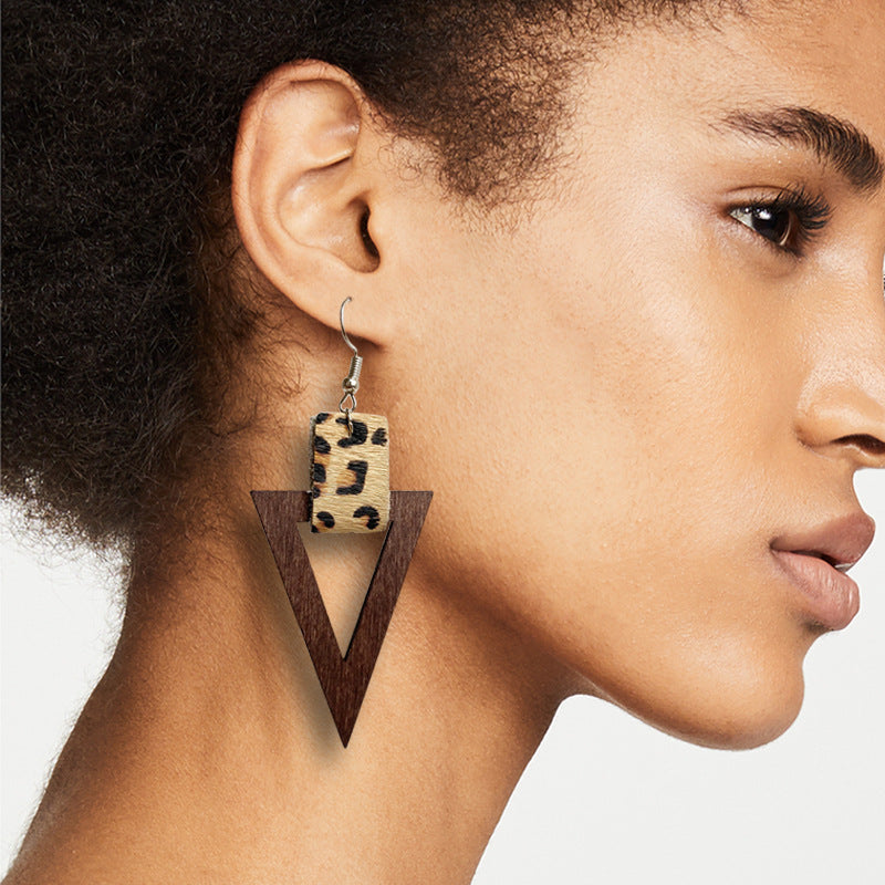 Earrings Wooden Hanging Triangle Leather