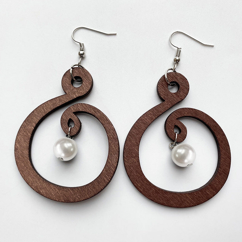 Wooden Hanging Spiral Pearl Earrings