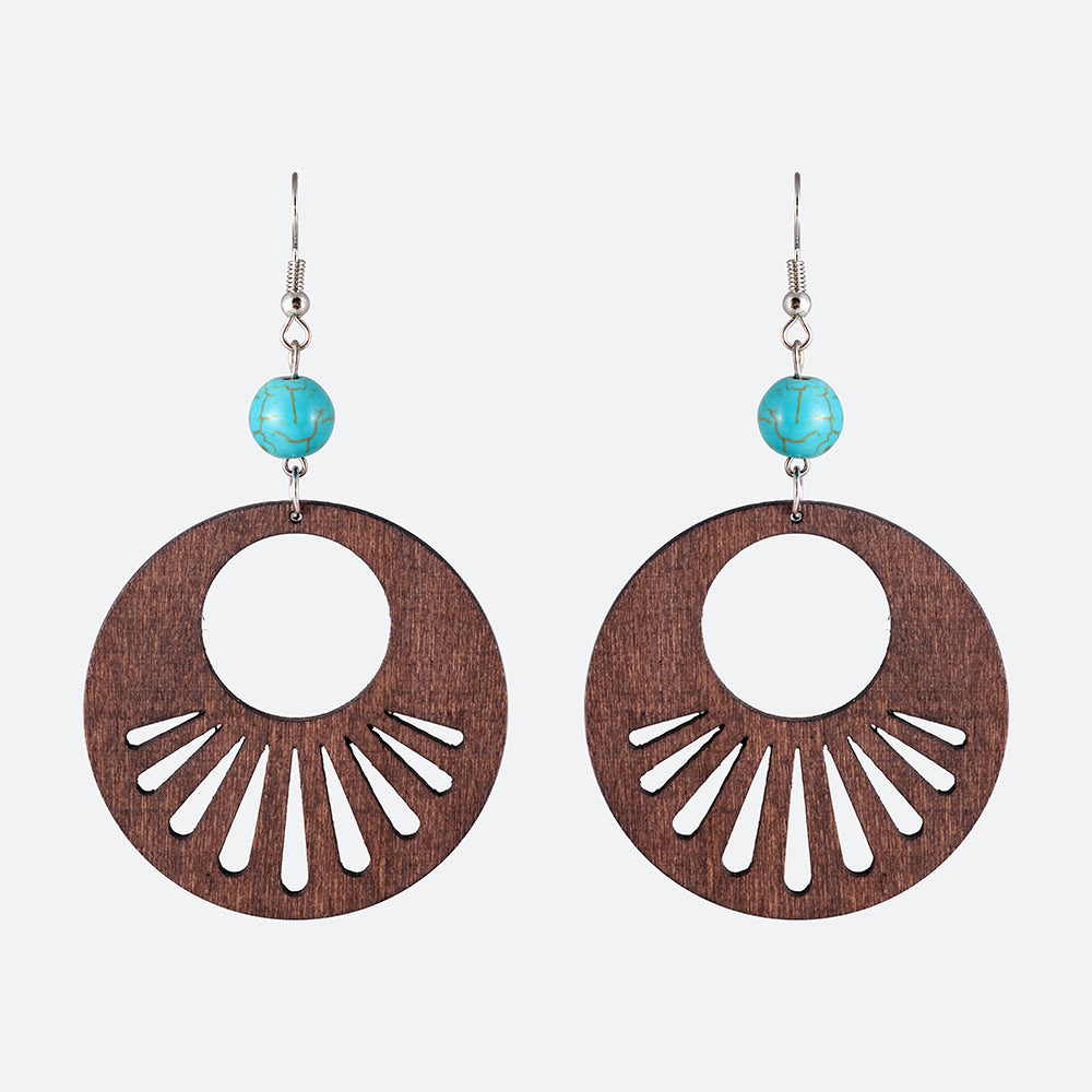 Turquoise Disc Wooden Hanging Earrings