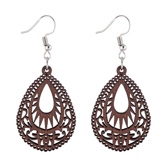 Earrings Wooden Drop Carved
