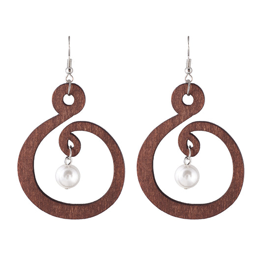 Wooden Hanging Spiral Pearl Earrings