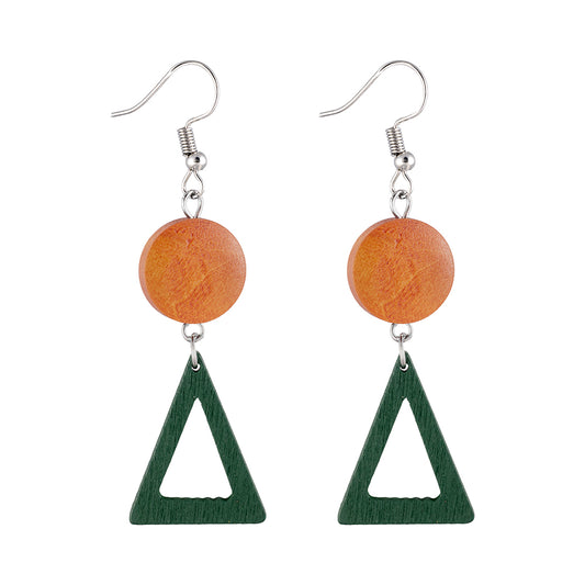 Earrings Wooden Hanging Circle Triangle Green