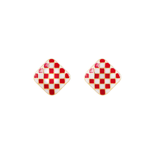 Stud Earrings Checkerboard Red