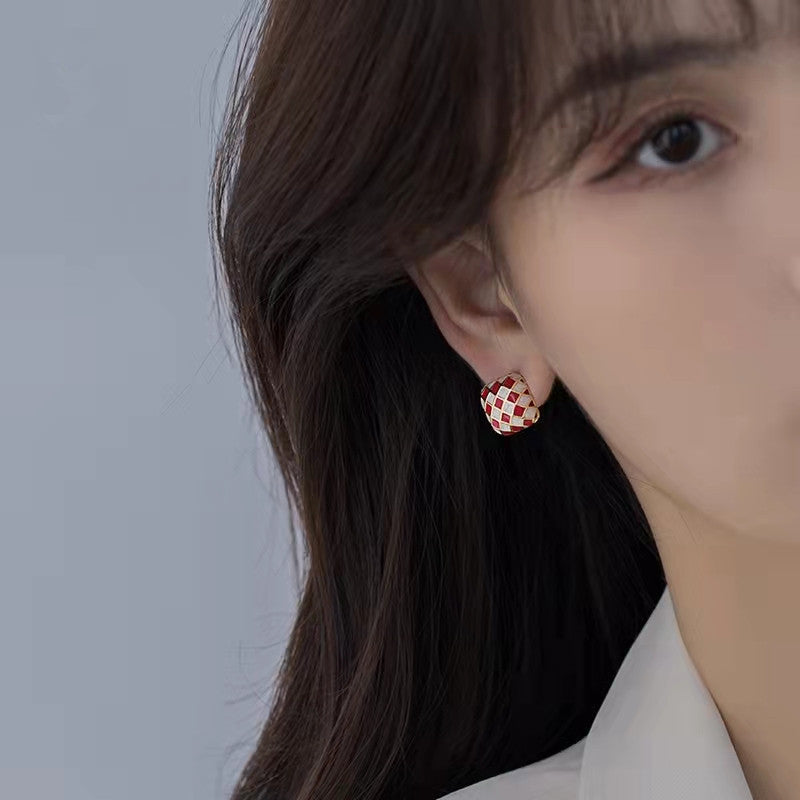 Stud Earrings Checkerboard Red