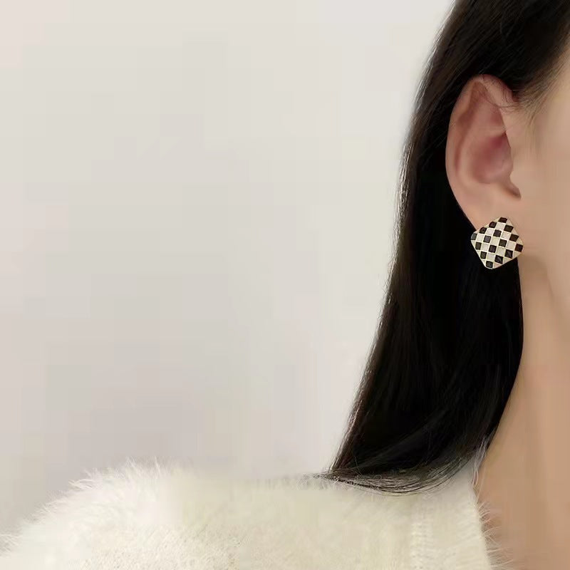 Checkerboard Stud Earrings Black