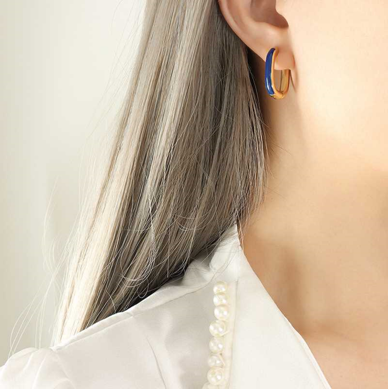 Earrings Hoops Oval Blue 2.3 cm.